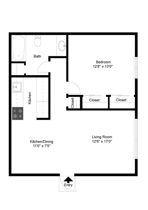 Floor plan for 1 bed, 1 bath, 625 sqft